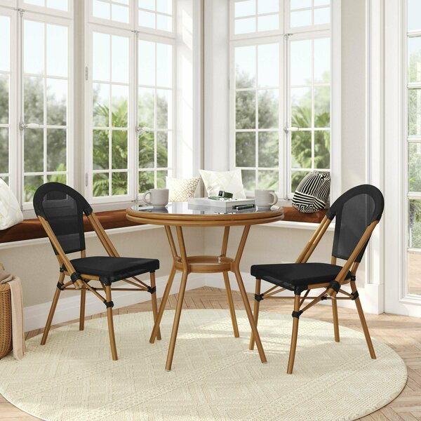 Flash Furniture Marseille French Bistro 31.5in. Table, Black Textilene, Glass Top w/2 Stack Chairs - Natural Frame SDA-AD641011-80-2107-BK-NAT-GG